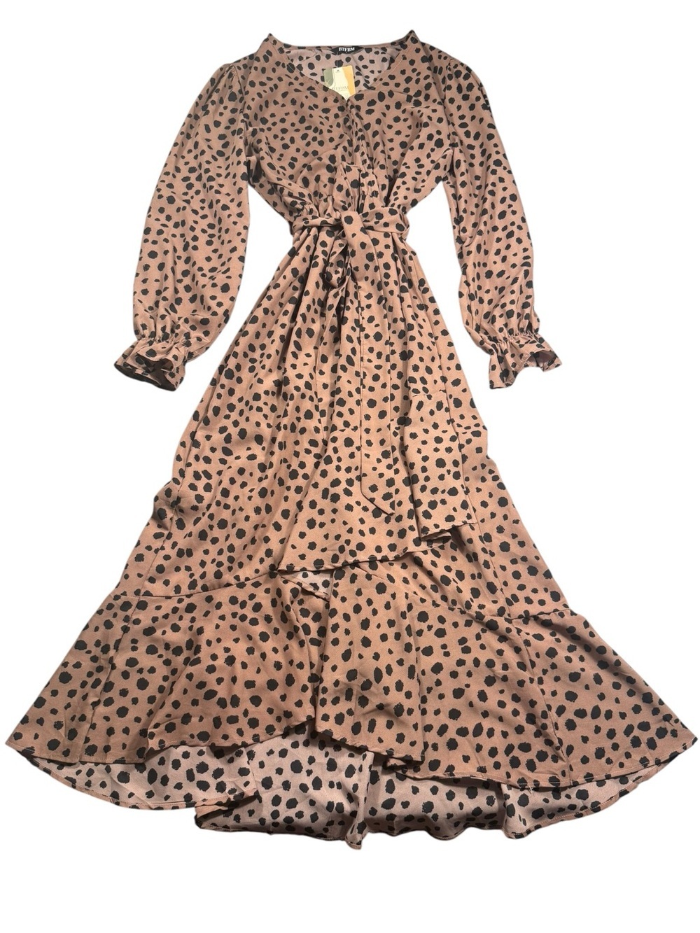 New Large Dalmatian Polka Dot Long Sleeve Wrap Maxi Dress Blush Black Tie